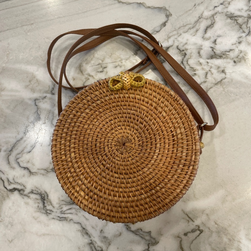 Rattan Wicker Round Canteen Crossbody Boho Handbag Purse